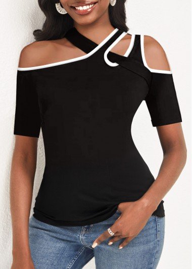 Cross Strap Cutout Black Contrast Stitch T Shirt