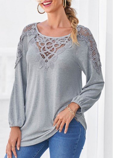 Grey Marl Long Sleeve Lace Panel T Shirt