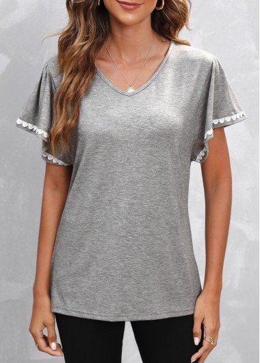 Butterfly Sleeve Lace Stitching Grey T Shirt