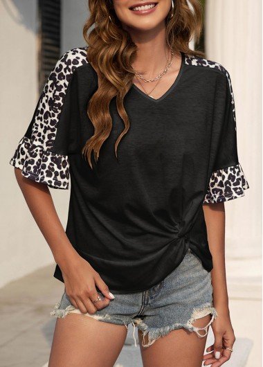 Black Twist Hem Leopard 3/4 Sleeve T Shirt