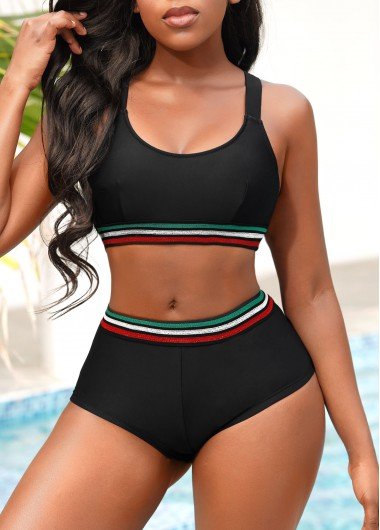 Black Wide Strap Mid Waist Bikini Set