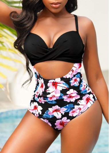 Floral Print Cross Strap Black One Piece Swimwear