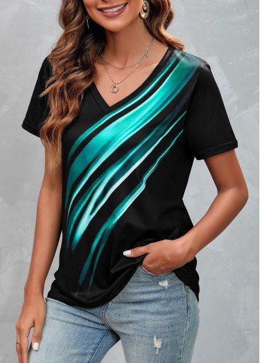 Black Gradient Radial Print V Neck T Shirt