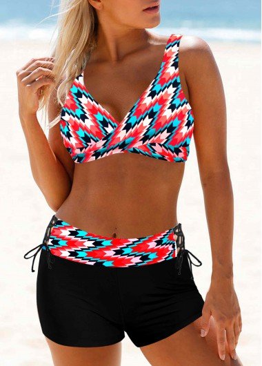 Front Cross Geometric Print Color Block Bikini Set