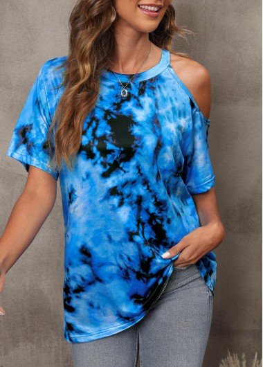 Blue Cold Shoulder Short Sleeve T Shirt