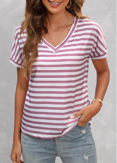 Pink Striped Short Sleeve V Neck T Shirt