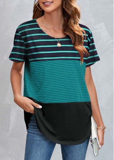 Round Neck Striped Green Short Sleeve T Shirt