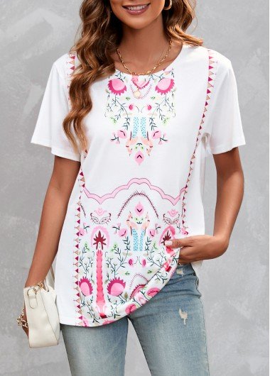 White Tribal Print Round Neck T Shirt