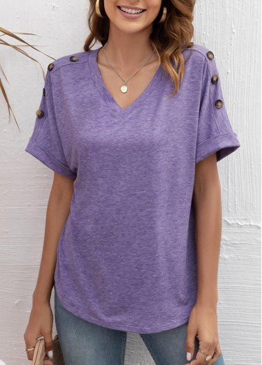 V Neck Decorative Button Lavender T Shirt