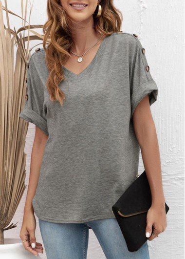 Light Grey Decorative Button Short Sleeve T Shirt