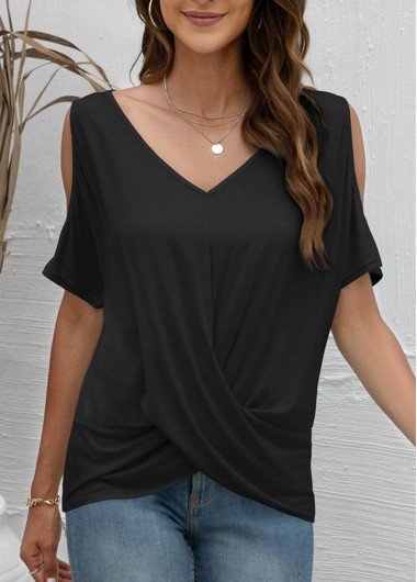 Cold Shoulder Black V Neck T Shirt