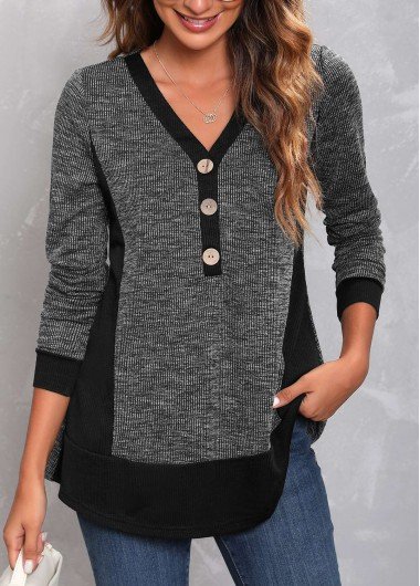 Dark Grey Marl Decorative Button V Neck T Shirt