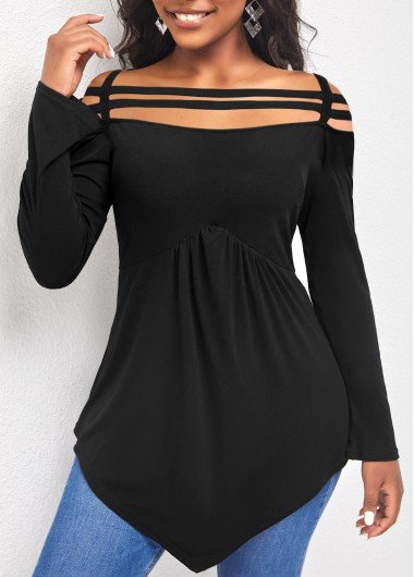 Black Asymmetric Hem Cold Shoulder T Shirt