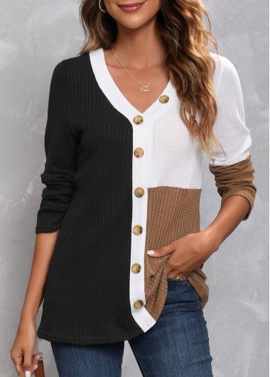 Black Decorative Button Long Sleeve T Shirt