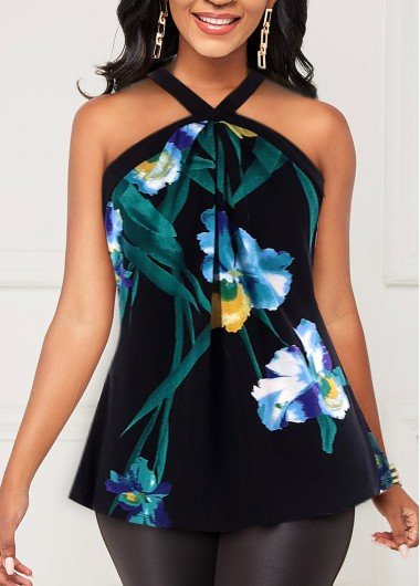 Floral Print Halter Black Keyhole Back T Shirt