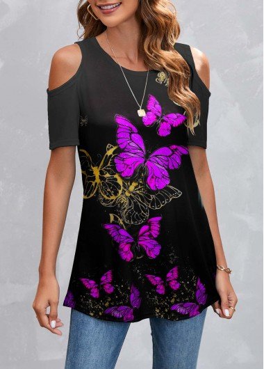 Butterfly Print Purple Cold Shoulder T Shirt