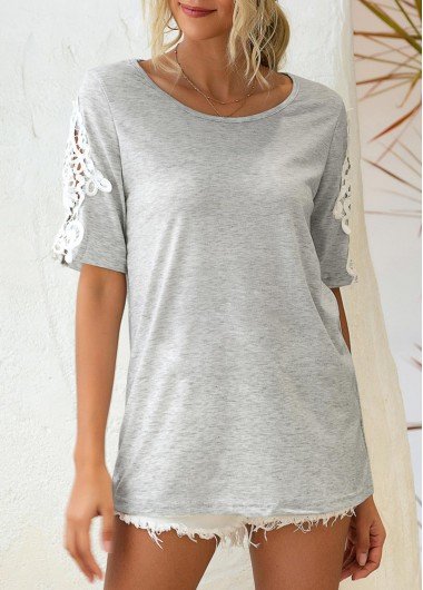 Lace Stitching Light Grey Round Neck T Shirt