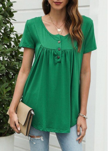 Button Detail Round Neck Green T Shirt