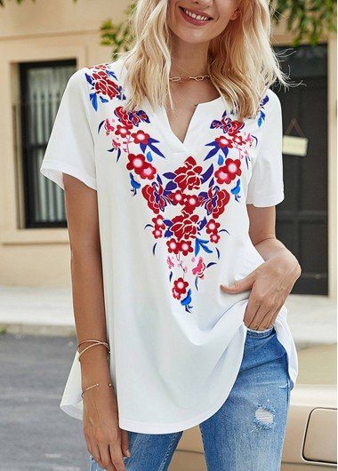 Split Neck Floral Print White T Shirt