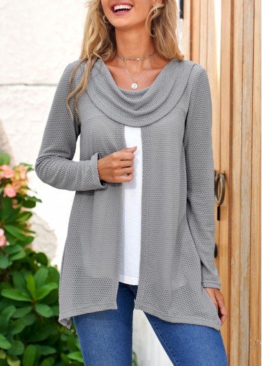 Cowl Neck Contrast Faux Two Piece Grey Sweatshirt