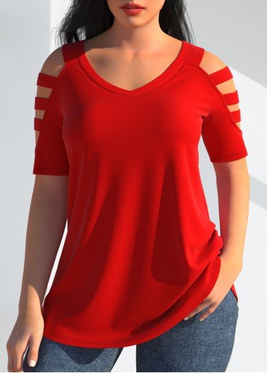 Red Cold Shoulder V Neck T Shirt