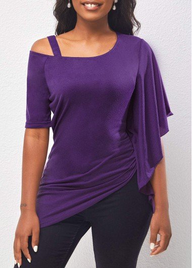 Cold Shoulder Violet Asymmetric Hem Blouse