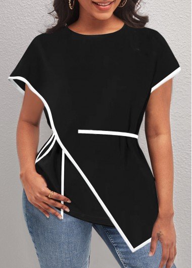 Asymmetric Hem Black Contrast Stitch T Shirt