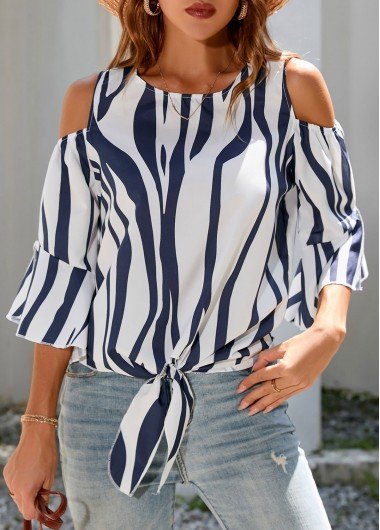 Tie Front Cold Shoulder 3/4 Sleeve T Shirt