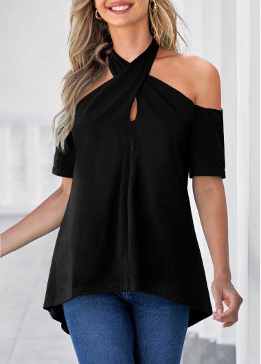 Cross Front Black Cold Shoulder T Shirt