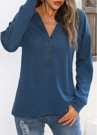 Navy V Neck Quarter Button Sweatshirt