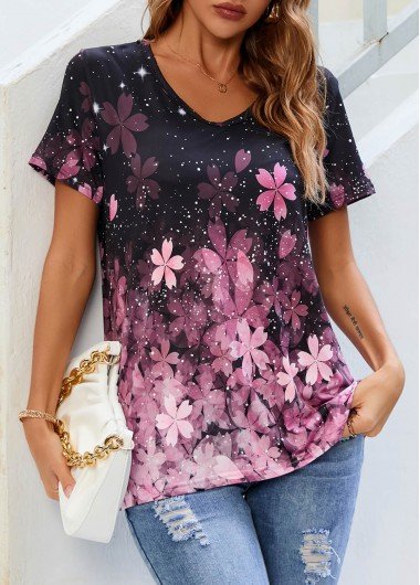 Floral Print Pink V Neck T Shirt