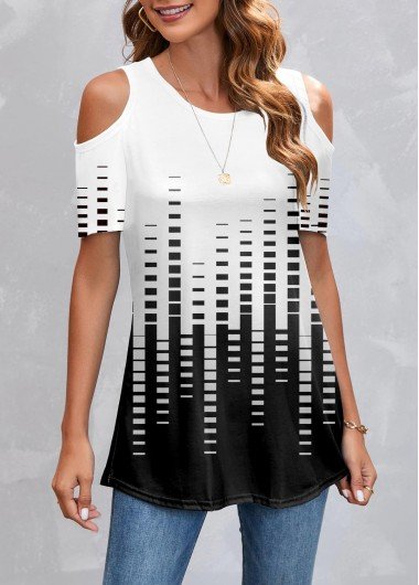 Cold Shoulder Geometric Print White T Shirt