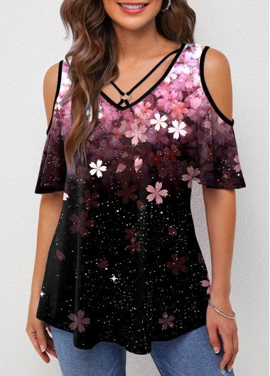 Floral Print Black Cold Shoulder Ombre T Shirt