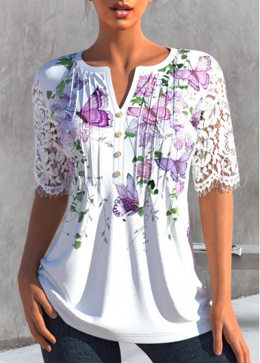 Lace Stitching White Butterfly Print T Shirt