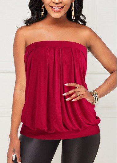 Red Strapless Fold Blouson Tank Top