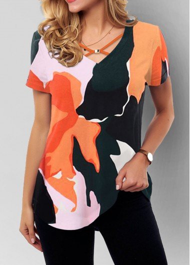 Cross Strap Printed Short Sleeve T Shirt