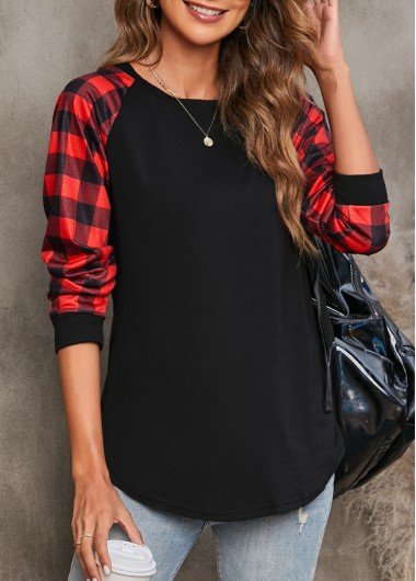 Black Tartan Print Long Sleeve T Shirt