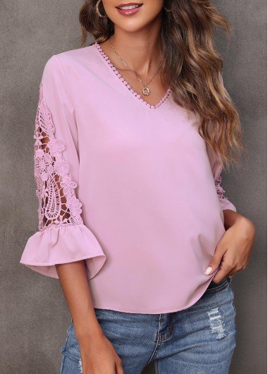 Pink Lace Stitching Flare Sleeve T Shirt