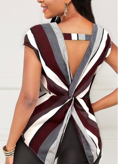 Twist Back Striped Wine Red Tank Top