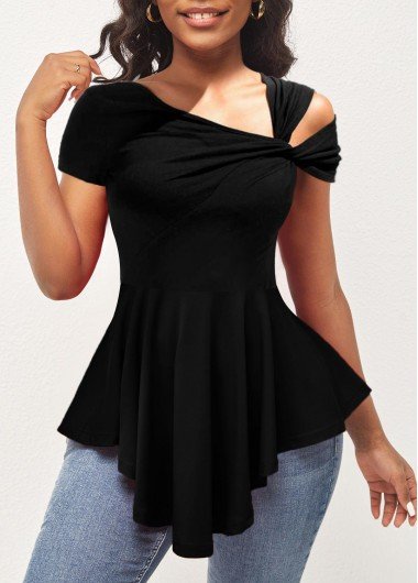 Black Cold Shoulder Short Sleeve Asymmetrical Neck T Shirt