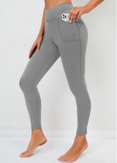 High Waisted Double Side Pockets Skinny Light Grey Leggings