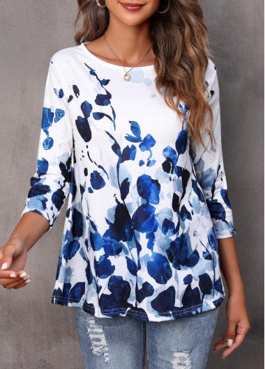 Floral Print Blue Round Neck T Shirt