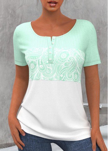 Paisley Print Waffle Knit Light Green T Shirt