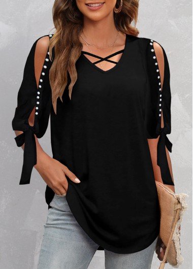 Pearl Design Cold Shoulder Black T Shirt