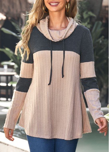 Light Tan Cowl Neck Drawstring Contrast Sweatshirt