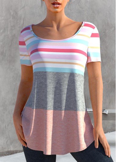 Light Pink Striped Round Neck T Shirt