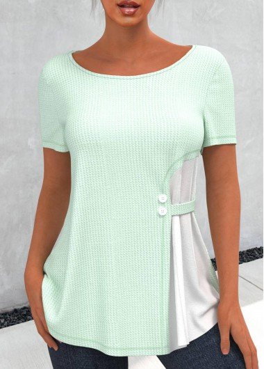 Waffle Knit Chiffon Panel Light Green T Shirt