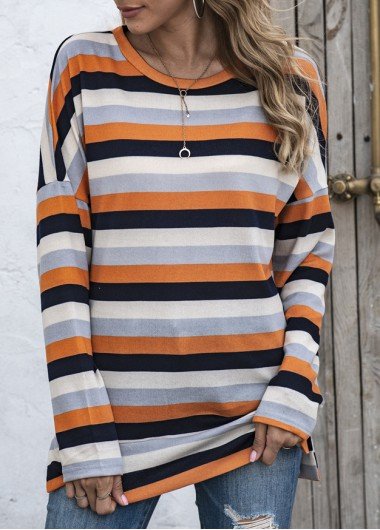 Orange Striped Long Sleeve Round Neck T Shirt