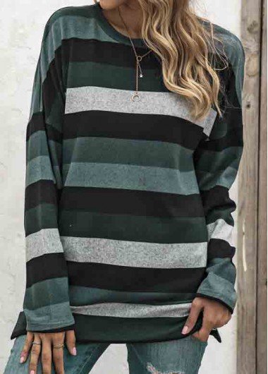 Blackish Green Striped Long Sleeve T Shirt