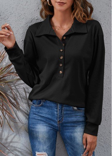 Black Button Long Sleeve T Shirt